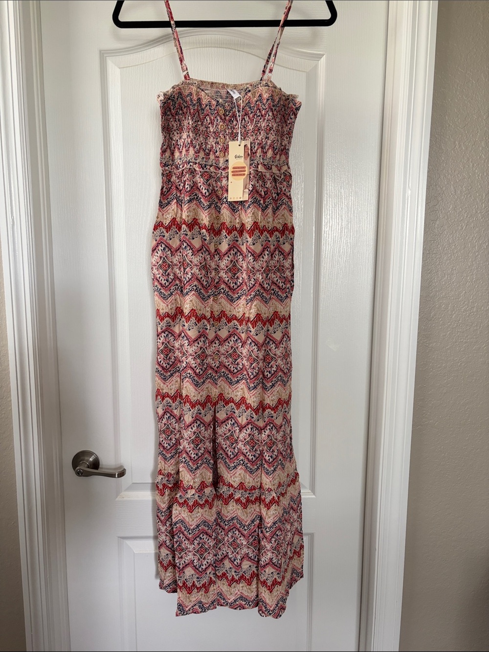 Spaghetti-Strap Maxi Dress in Red & Cream Chevron Print